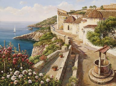 HJ JOU (KOREA, B.1951) OIL PAINTING, SPANISH VILLAGE LANDSCAPE, 30" X 40"