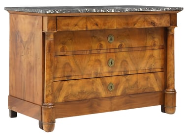 FRENCH EMPIRE STYLE MARBLE-TOP FIGURED WALNUT COMMODE