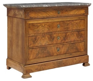 FRENCH LOUIS PHILIPPE MARBLE-TOP FIGURED WALNUT COMMODE