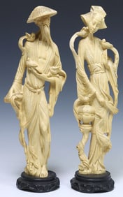 (2) CHINESE CAST RESIN MALE & FEMALE FIGURES ON STANDS