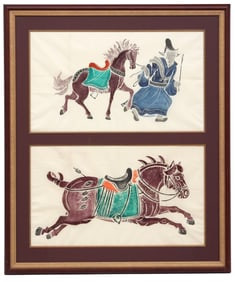 (2) CHINESE TEMPLE RUBBINGS ON RICE PAPER, HORSEMAN & STALLION