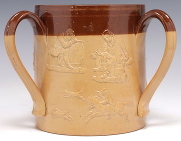 ENGLISH DOULTON LAMBETH STONEWARE RELIEF 3-HANDLED TYG VESSEL