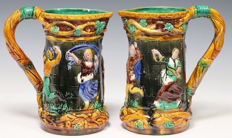 (2) MINTON STYLE MAJOLICA FIGURAL TAVERN PITCHERS