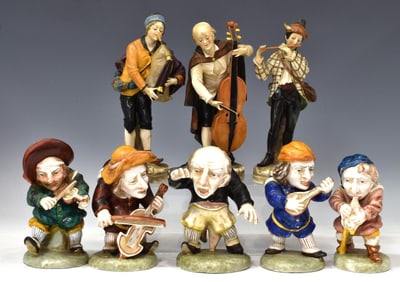 (8) ITALIAN GLAZED PORCELAIN MUSICIAN FIGURES, 3 CAPODIMONTE