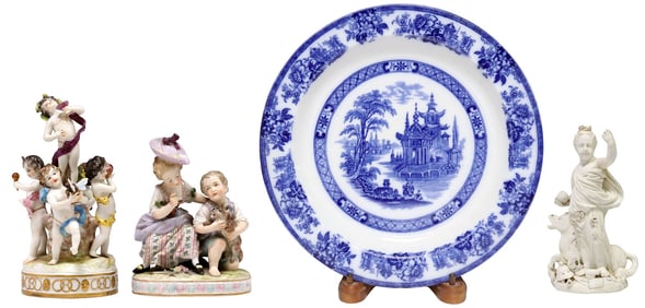 (4) GERMAN PORCELAIN FIGURAL GROUPS, DERBY 'EUROPE' FIGURE & CHARGER