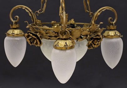 ITALIAN GILT IRON ROSES & FROSTED GLASS 4-LIGHT CHANDELIER