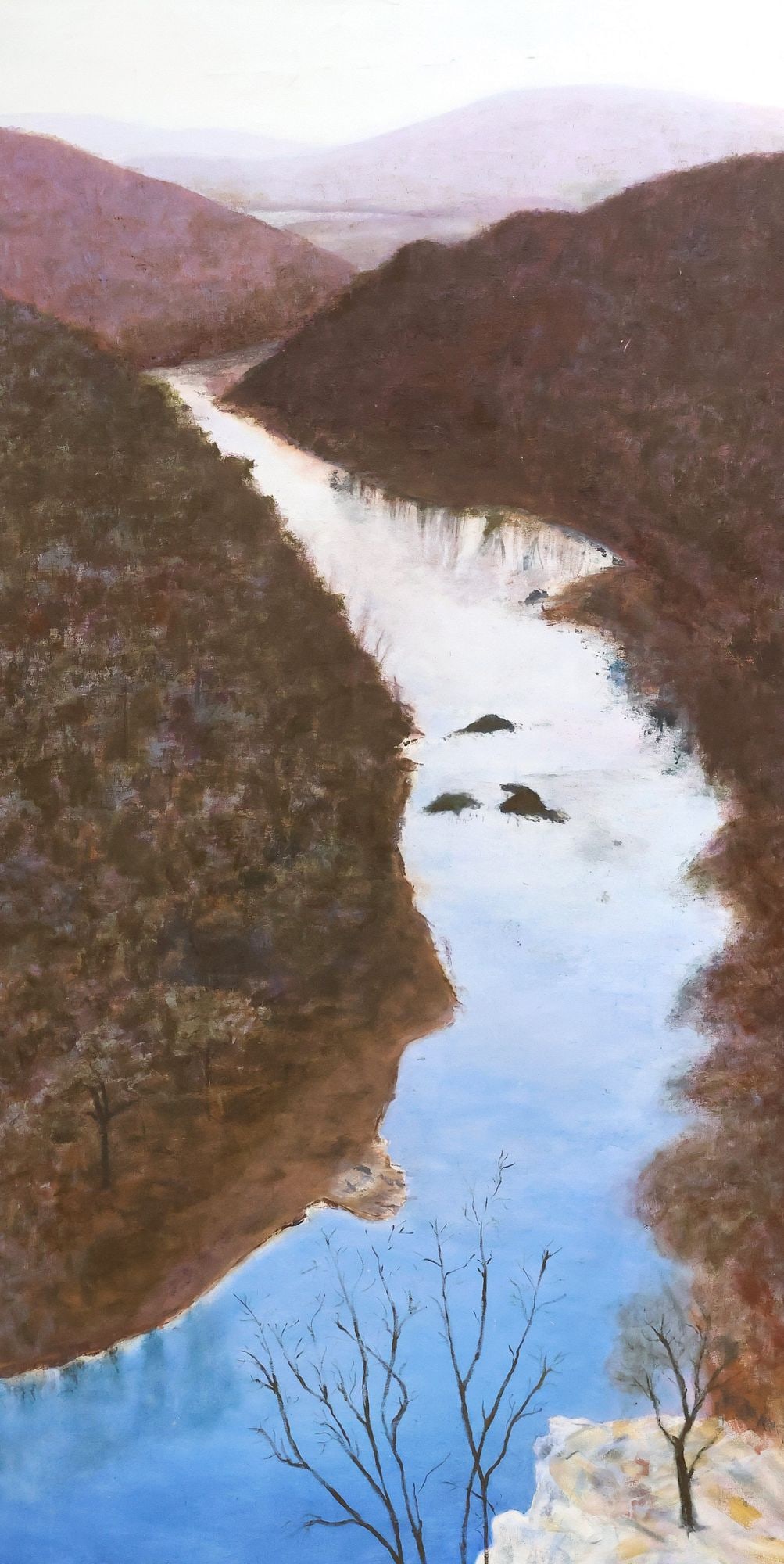 FRAMED LANDSCAPE PAINTING RIVER IN WINTER, 84" X 43" (1 of 3)