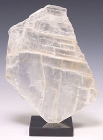 GEOLOGICAL WINDOWPANE SELENITE SPECIMEN ON BLACK GRANITE BASE