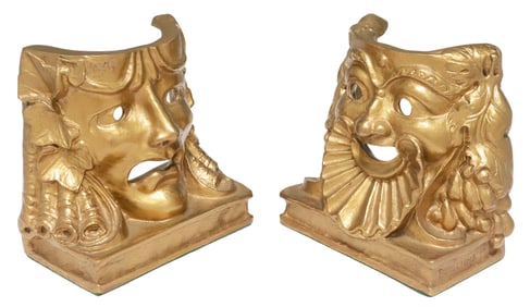 (2) F.A. WILLIAMS (1898-1958) BRONZE COMEDY & TRAGEDY MASK BOOKENDS