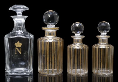 (4) FRENCH BACCARAT PARCEL GILT CUT CRYSTAL DECANTER & DRESSING BOTTLES