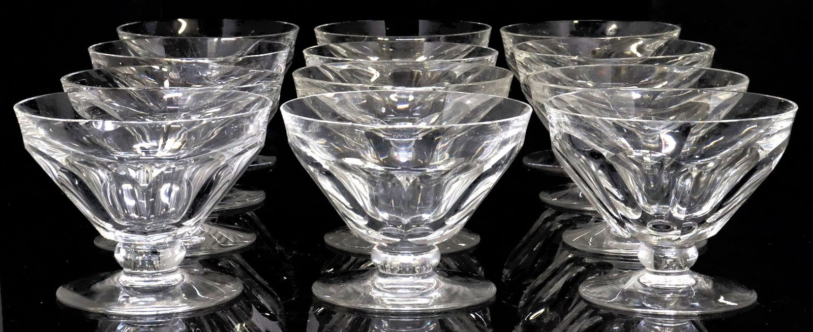 (12) BACCARAT 'TALLYRAND' CUT CRYSTAL FOOTED DESSERT / SHERBET GLASSES: (lot of 12) French Baccarat cut crystal footed dessert bowls/ sherbet glasses, in the "Tallyrand" pattern, each with paneled bowl, on circular foot, acid-etched maker's mark underfoot, o
