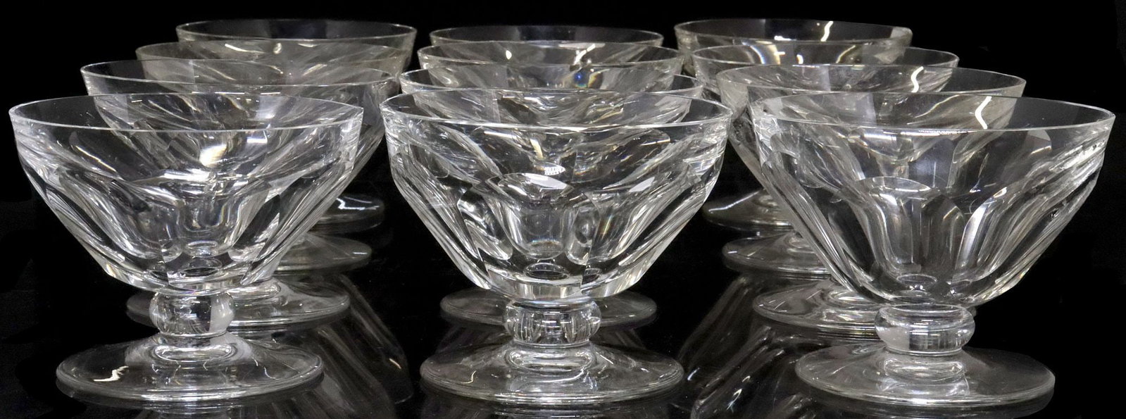 (12) BACCARAT 'TALLYRAND' CUT CRYSTAL FOOTED DESSERT / SHERBET GLASSES: (lot of 12) French Baccarat cut crystal footed dessert bowls/ sherbet glasses, in the "Tallyrand" pattern, each with paneled bowl, on circular foot, acid-etched maker's mark underfoot, a