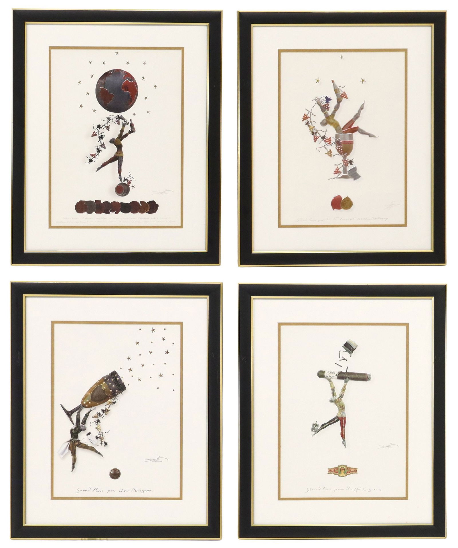 (4) AFTER GERARD PUVIS (B.1950) EMBOSSED METALLIC OFFSET ADVERTISING PRINTS: (lot of 4) Framed embossed metallic offset advertising prints on paper, singed in print after Gerard Puvis (French, b.1950), including: (1) for Raffi Cigars, (1) for Dom Perignon champagne, (1) for St