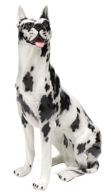 LIFE-SIZE ITALIAN CAST CERAMIC SEATED HARLEQUIN GREAT DANE