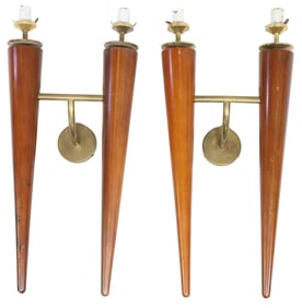 (2) MID-CENTURY MODERN BRASS & WOOD TWO-LIGHT SCONCES