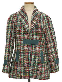 CHANEL KARL LAGERFELD SPRING 2017 RTW TWEED JACKET: Karl Lagerfeld for Chanel tweed jacket, from the Paris 2017 Spring Ready-to-Wear collection, red, green, and yellow tweed, hook and loop (velcro) closures and sleeve cinch, front patch pockets, black