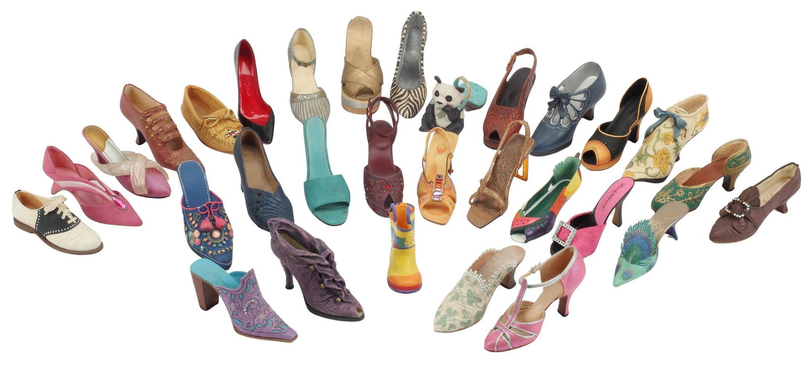 (30) COLLECTION OF MINIATURE WOMEN'S SHOES: (lot of 30) Collection of miniature women's shoes, (one) Just the Right Shoe by Raine "Sunray," item number 25097, dated 1999, retaining maker's label, largest: approx 2&qu