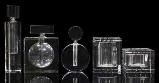 (6) ORREFORS & ZODAX ART GLASS VANITY ITEMS, PERFUMES & BOXES