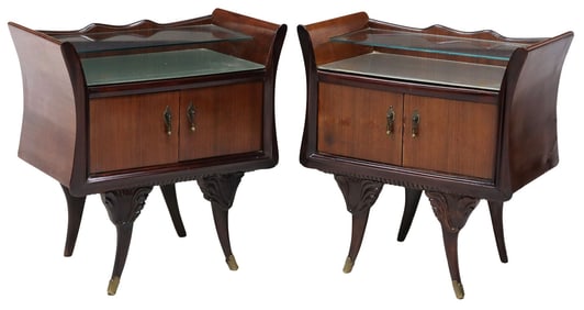 (2) ITALIAN MID-CENTURY MODERN GLASS-TOP MAHOGANY NIGHTSTANDS
