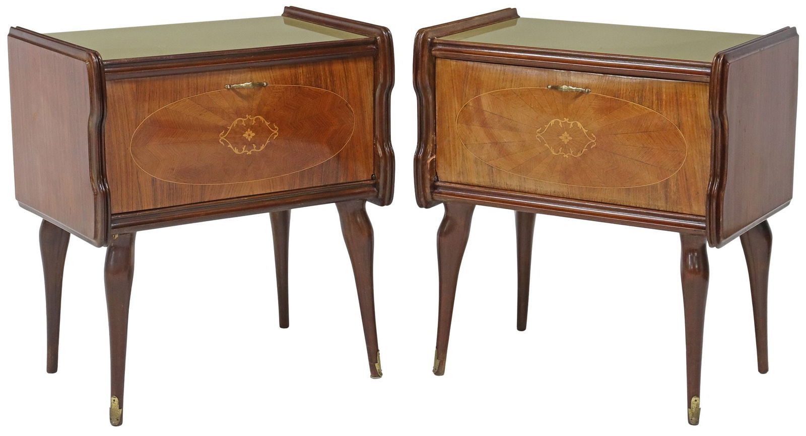 (2) ITALIAN MID-CENTURY MODERN NIGHTSTANDS: (pair) Italian mid-century modern nightstands, in the manner of Paolo Buffa (Italian, 1903-1970), c.1950s, inset glass top, fall-front enclosing an interior compartment, on tapered legs, approx 24.75&