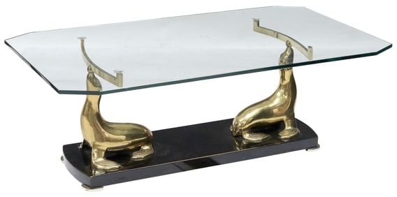 ITALIAN MODERN GLASS-TOP BRASS COFFEE TABLE WITH SEA LIONS
