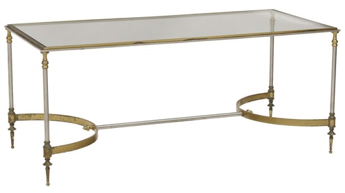FRENCH MAISON JANSEN STYLE GLASS-TOP MIXED METAL COFFEE TABLE