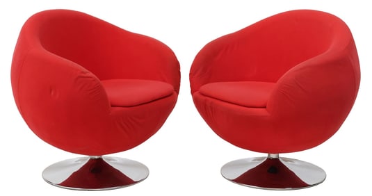 (2) MODERNIST RED-UPHOLSTERED CHROMED SWIVEL LOUNGE CHAIRS