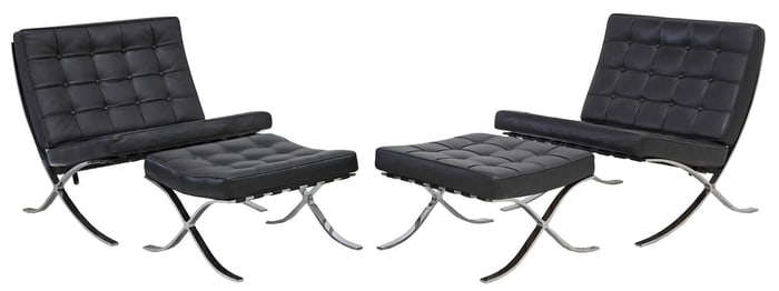 (4) CONTEMPORARY BARCELONA STYLE BLACK LEATHER LOUNGE CHAIRS & OTTOMANS