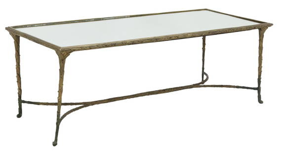 CONTEMPORARY GLOBAL VIEWS 'ORGANIC' MIRRORED-TOP BURNISHED BRASS COFFEE TABLE: Contemporary 'Organic' brass coffee/ cocktail table, attributed to Global Views, 21st c., design in the manner of Maison Bagues, having inset mirrored glass top, foliate-cast frame in a burnis