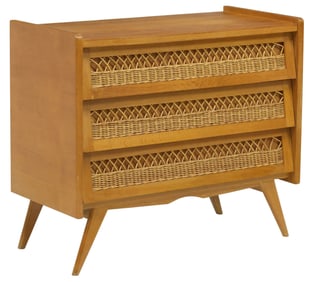 FRENCH MID-CENTURY MODERN OAK & WOVEN RATTAN 3-DRAWER CHEST