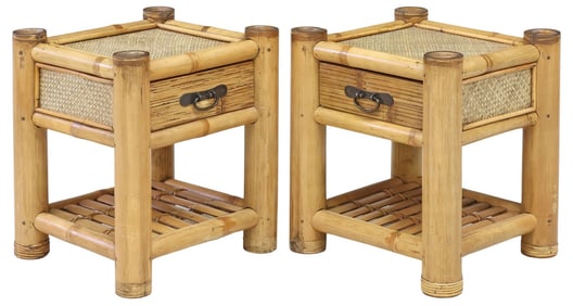 (2) ASIAN BAMBOO & WOVEN RATTAN NIGHTSTANDS
