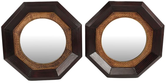 (2) LARGE PORTUGUESE STYLE WOVEN RATTAN OCTAGONAL MIRRORS