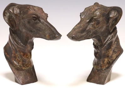 (2) PATINATED BRONZE SCULPTURAL BOOKENDS, GREYHOUND HEADS