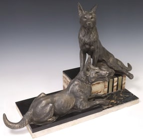 AFTER LOUIS ALBERT CARVIN (D.1951) ART DECO SCULPTURE, TWO GERMAN SHEPHERDS