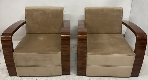 (2) ART DECO STYLE BEIGE UPHOLSTERED CLUB CHAIRS