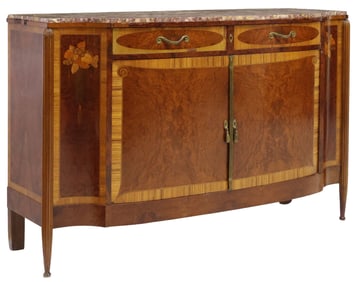 FRENCH ART DECO MARBLE-TOP MARQUETRY SIDEBOARD