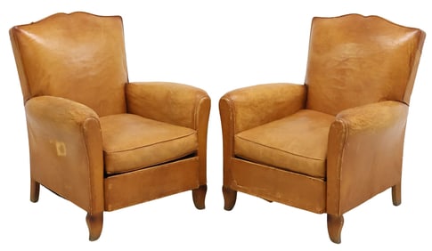 (2) FRENCH ART DECO PERIOD TAN LEATHER CLUB CHAIRS