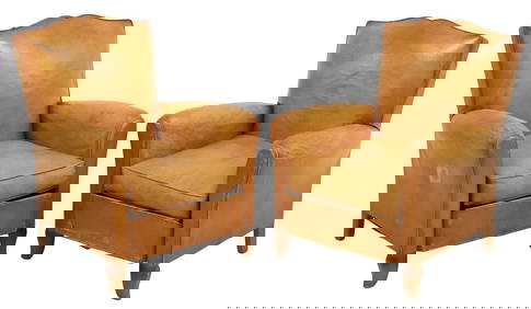(2) FRENCH ART DECO PERIOD TAN LEATHER CLUB CHAIRS (1 of 3)