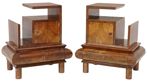 (2) ITALIAN ART DECO PERIOD GLASS-TOP WALNUT NIGHTSTANDS
