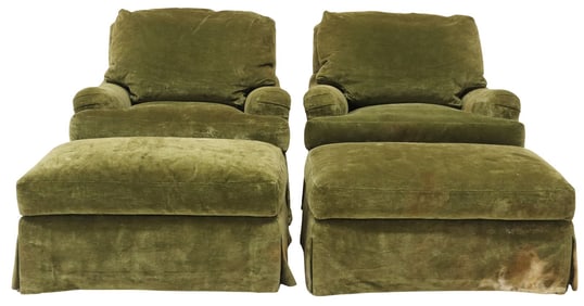 (4) A. RUDIN DESIGNER GREEN VELVET OVERSIZED CLUB CHAIRS & OTTOMANS