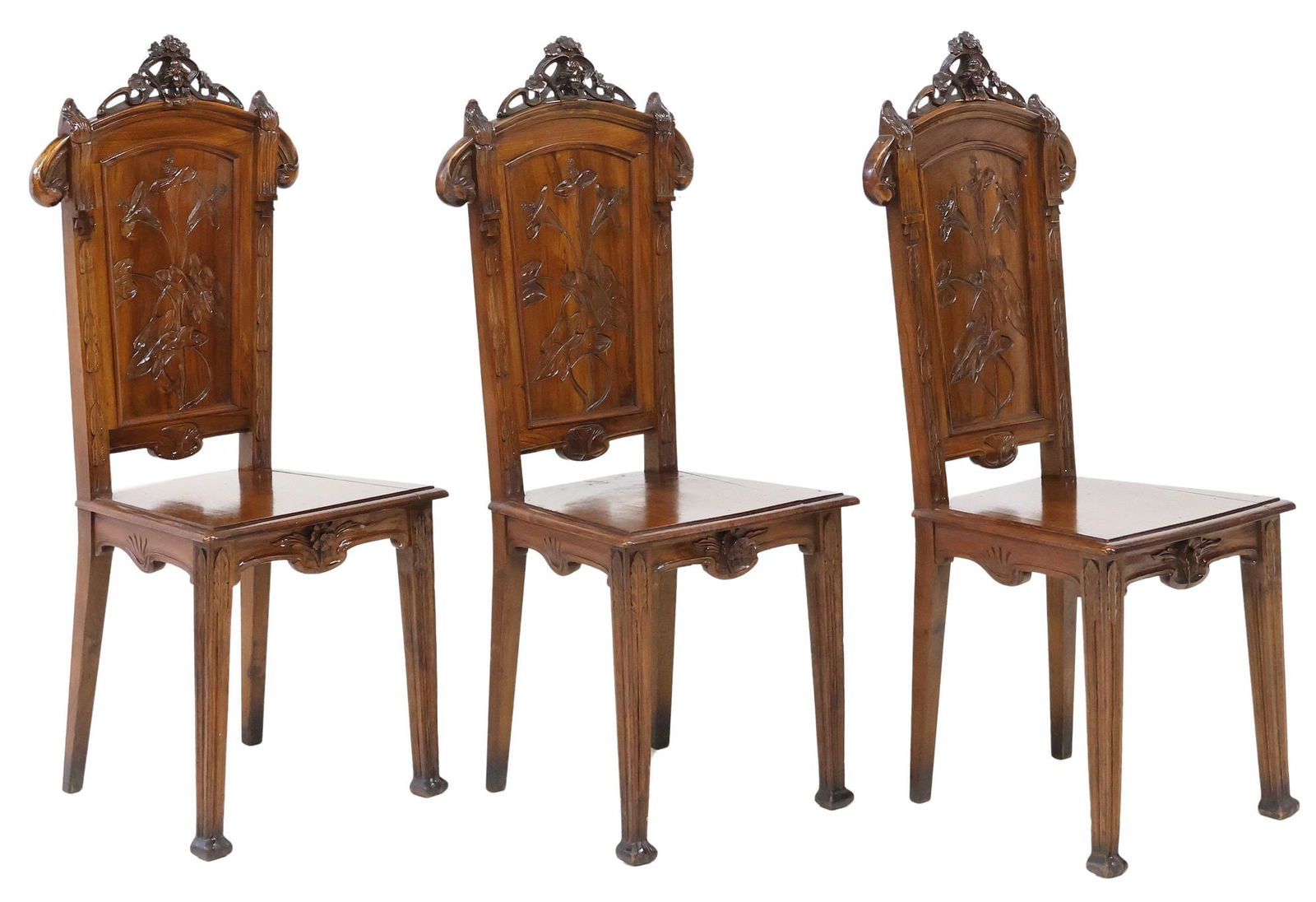 (3) FINE ITALIAN STILE LIBERTY / ART NOUVEAU CARVED WALNUT HALL CHAIRS (1 of 4)