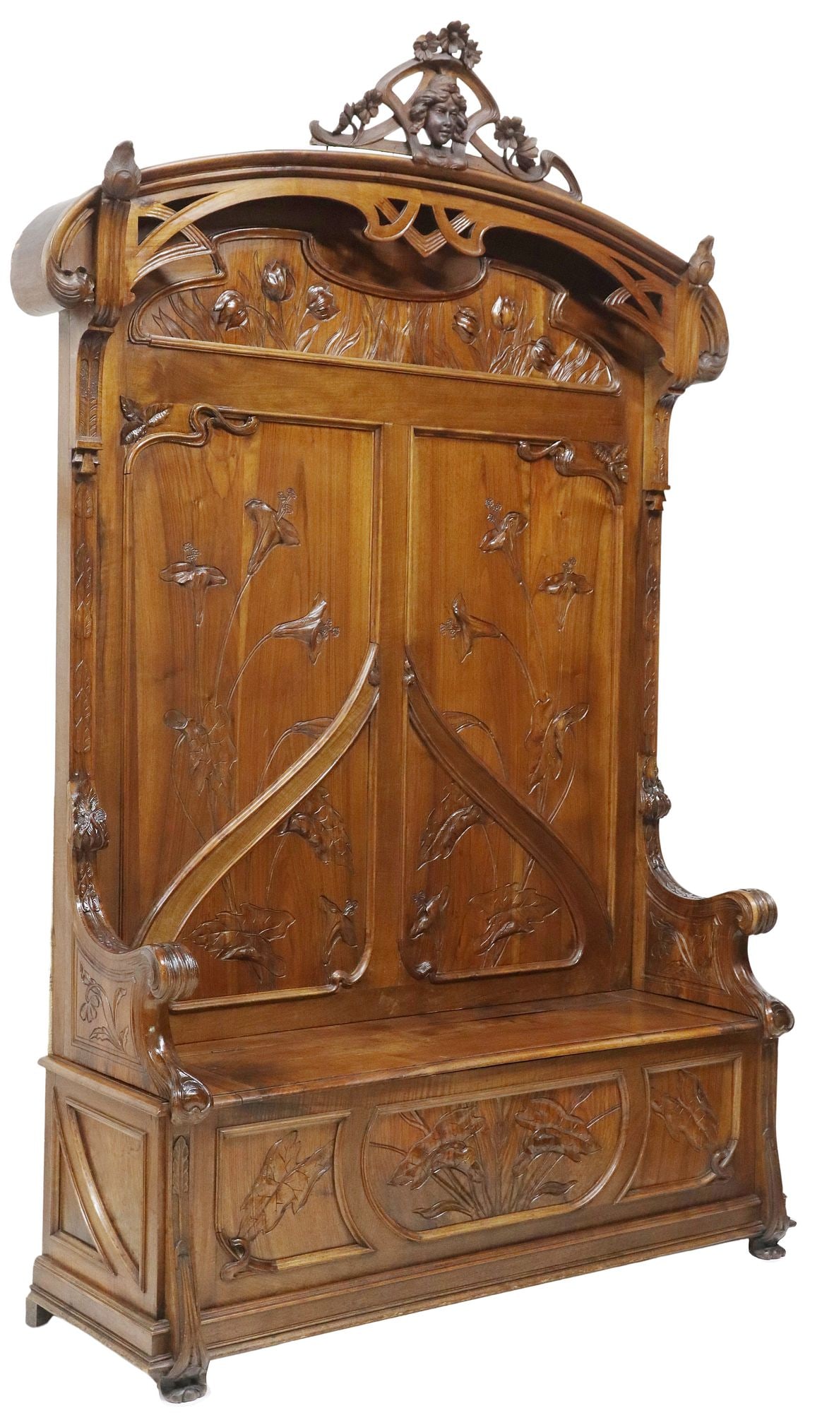 FINE ITALIAN STILE LIBERTY / ART NOUVEAU CARVED WALNUT HALL BENCH (1 of 7)