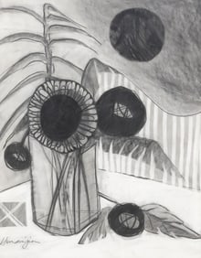 GEORGE HAMAMJIAN (20THC.) CHARCOAL STILL LIFE WITH PALM FRONDS