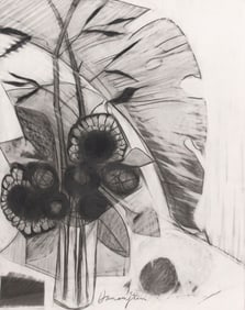 GEORGE HAMAMJIAN (20THC.) CHARCOAL STILL LIFE WITH BAMBOO & MONSTERA