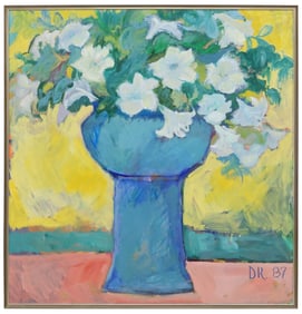 FRAMED FLORAL STILL LIFE PAINTING WITH BELLFLOWERS, 52" X 50"