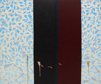 POSTMODERN MIXED MEDIA PAINTING WITH EMBROIDERY, 60" X 72"