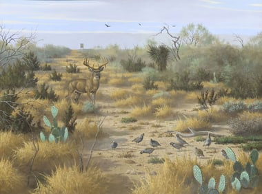 DAVID DRINKARD (1948-2016) TEXAS LANDSCAPE STAG & QUAILS, 30" X 40"