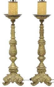 (2) LARGE BAROQUE STYLE GILT BRONZE ALTAR PRICKET TABLE LAMPS, 41.5"H