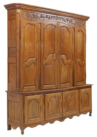 MONUMENTAL FRENCH PROVINCIAL WALNUT BUFFET DEUX CORPS, 18TH C., 118"H