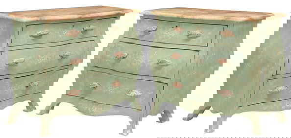(2) ITALIAN PATINA 'VENETO' LOUIS XV STYLE HAND-PAINTED BOMBE COMMODES